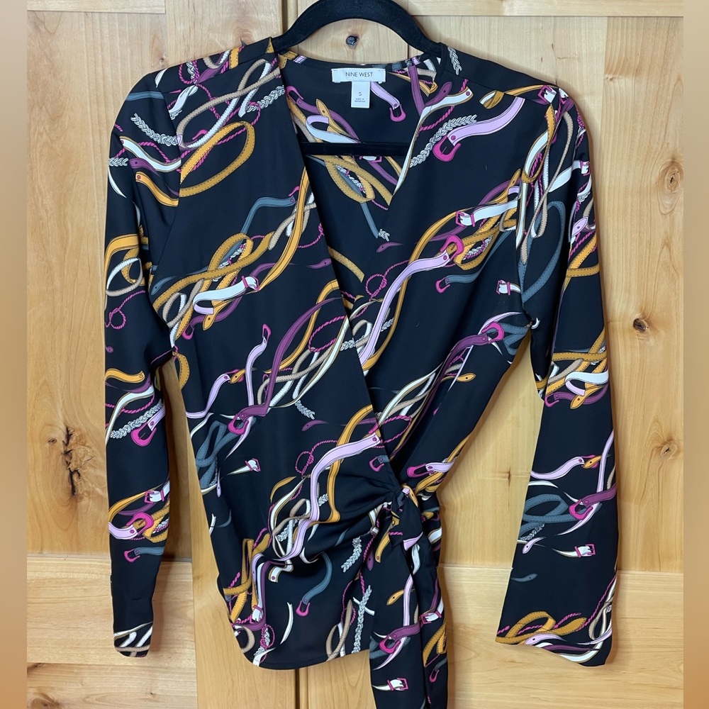 Nine West wrap blouse with “belts” design